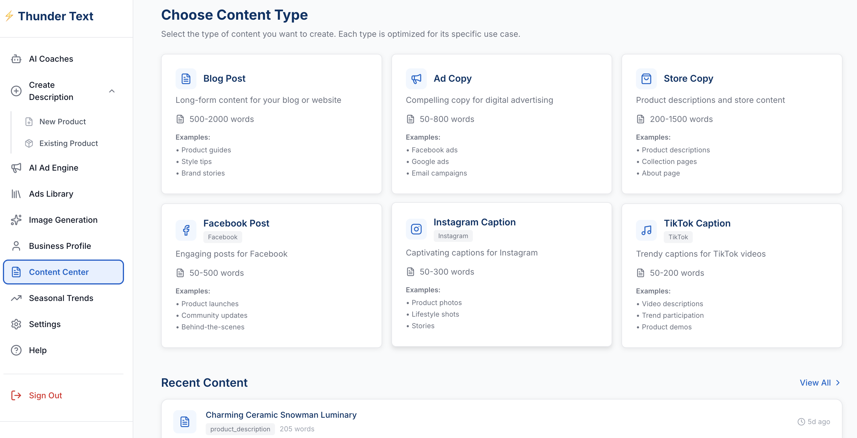 Thunder Text Content Center - Generate blogs, social media posts, emails, and store copy